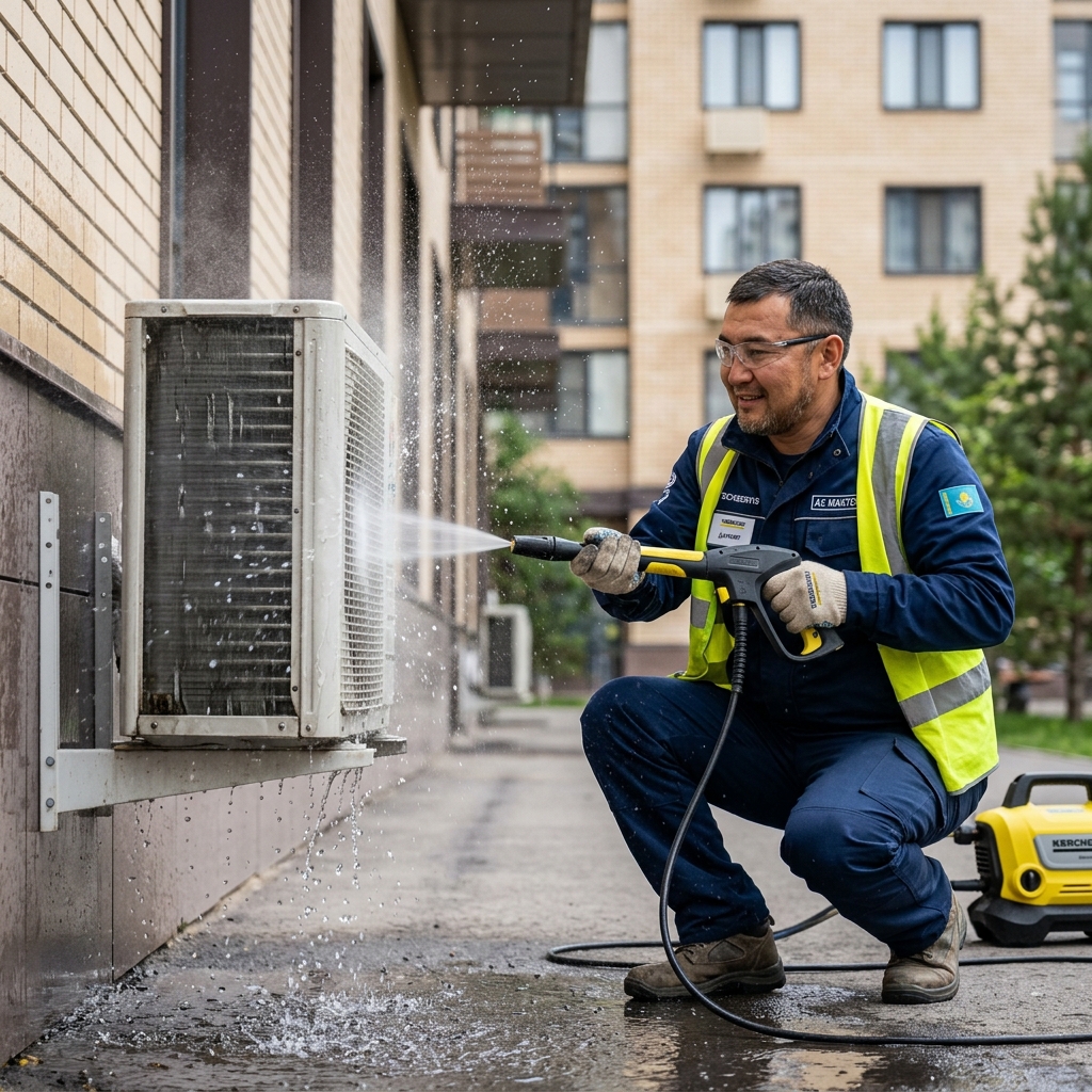 Мойка наружного блока кондиционера на фасаде